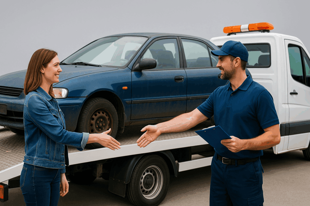 Man en vrouw schudden hand voor verkoop van oude auto aan autosloperij bart junior